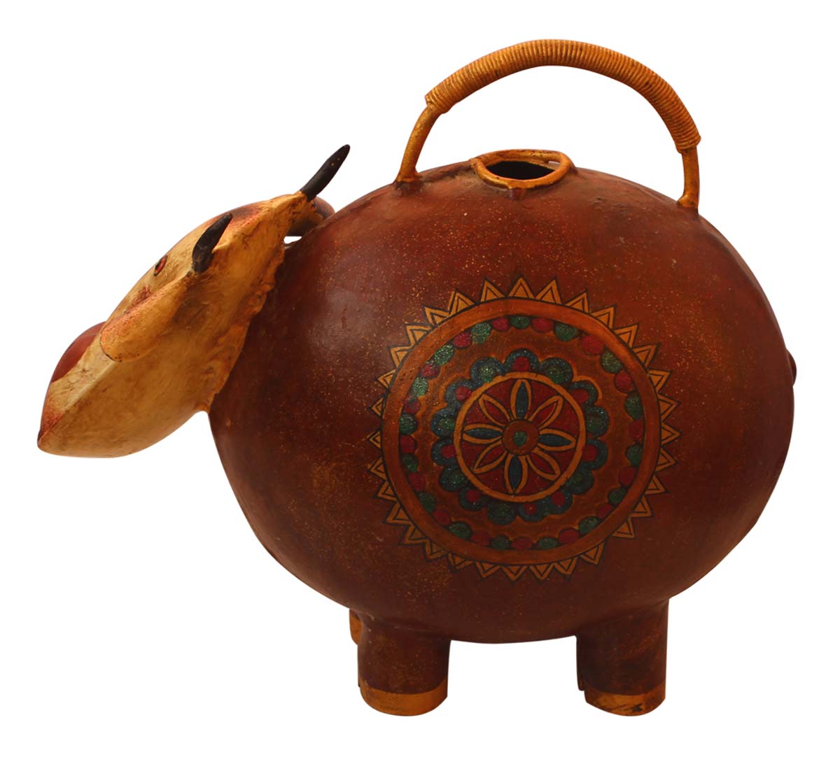 Bulk Wholesale Iron Watering Can/Pot Hand-Crafted in Cute Cow-Shaped Brown Decorated with Colorful Cone-Painting Art - Ethnic-Look Home Essentials/Garden Decor from India