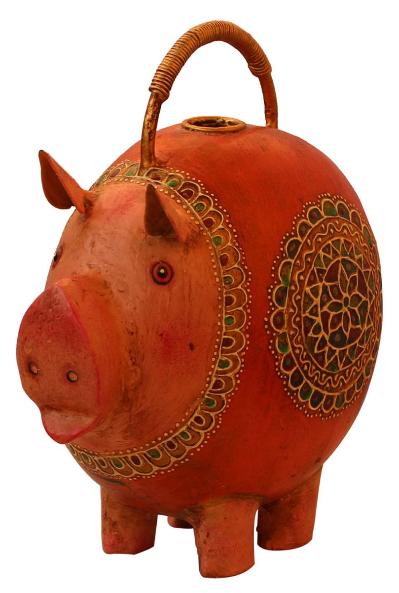 Bulk Wholesale Metal Watering Can/Pot Hand-Crafted in Iron Cute Pig-Shaped Orange & Pink Colored Decorated with Colorful Cone-Painting Art - Ethnic-Look Home Essentials/Garden Decor from India