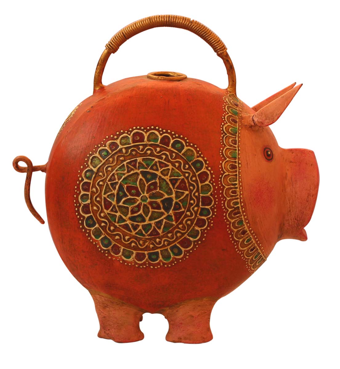 Bulk Wholesale Metal Watering Can/Pot Hand-Crafted in Iron Cute Pig-Shaped Orange & Pink Colored Decorated with Colorful Cone-Painting Art - Ethnic-Look Home Essentials/Garden Decor from India