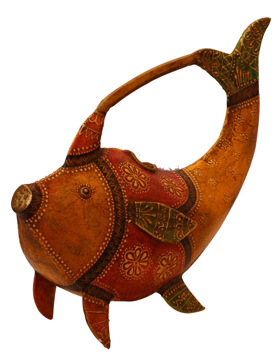 Bulk Wholesale Metal Watering Can/Pot in Iron Decorated Hand-Crafted 11.5” Cute Fish-Shaped Orange, Yellow & Pink Colored with Colorful Cone-Painting Art - Ethnic-Look Home Essentials/Garden Decor from India
