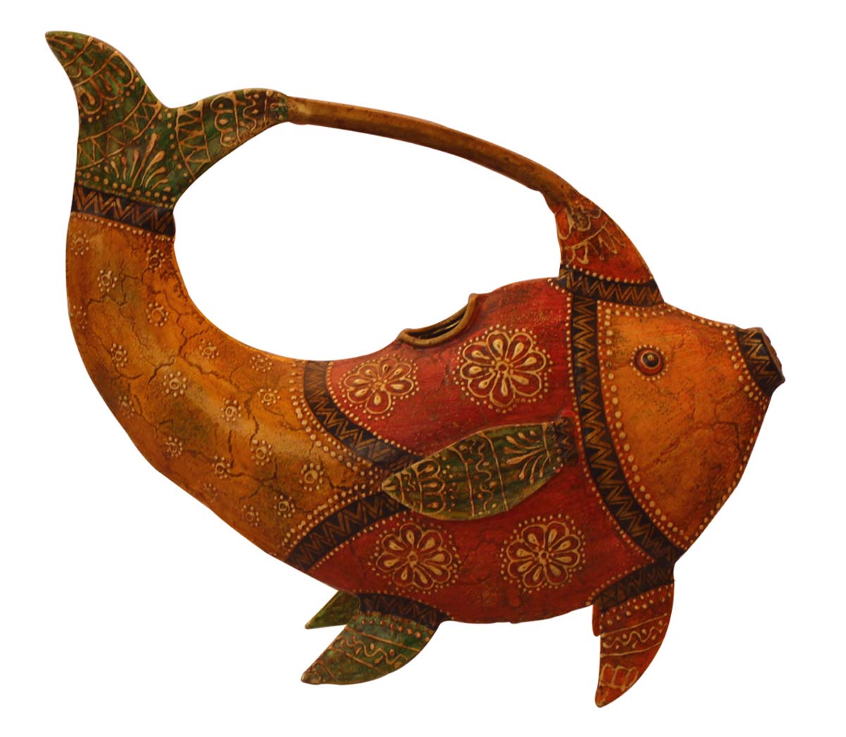 Bulk Wholesale Metal Watering Can/Pot in Iron Decorated Hand-Crafted 11.5” Cute Fish-Shaped Orange, Yellow & Pink Colored with Colorful Cone-Painting Art - Ethnic-Look Home Essentials/Garden Decor from India