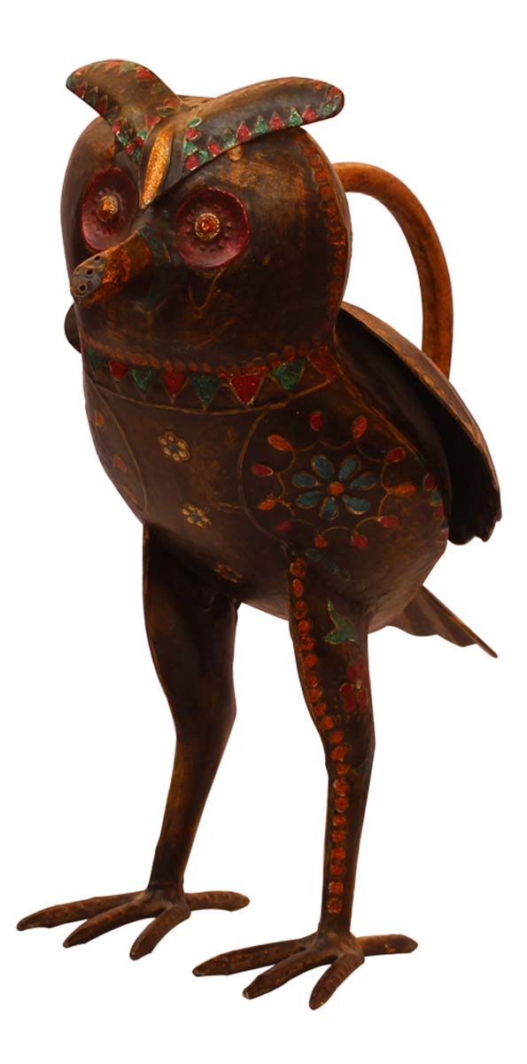 Bulk Wholesale Watering Can/Pot in Iron Hand-Crafted 10.5” Cute Owl Dark-Grey Decorated with Colorful Cone-Painting Art - Ethnic-Look Home Essentials/Garden Decor from India
