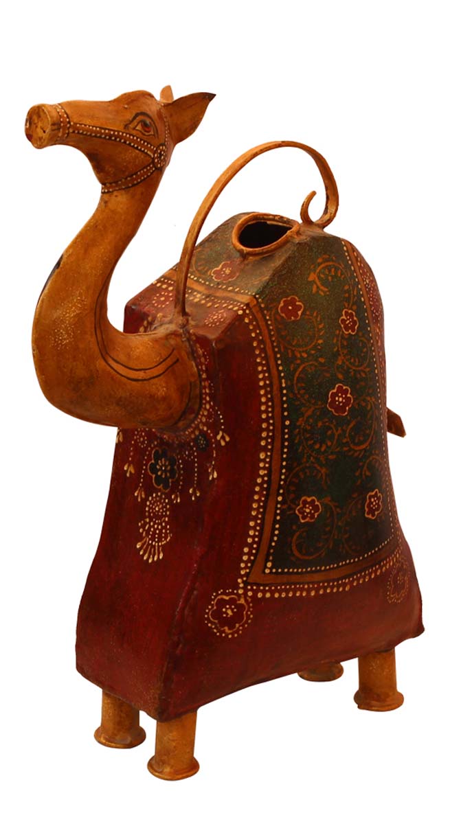 Bulk Wholesale Camel Shape Watering Can Hand-Crafted 13.5 Inch Pot in Iron Decorated with Colorful Cone-Painting Art - Ethnic-Look Home Essentials/Garden Decor from India