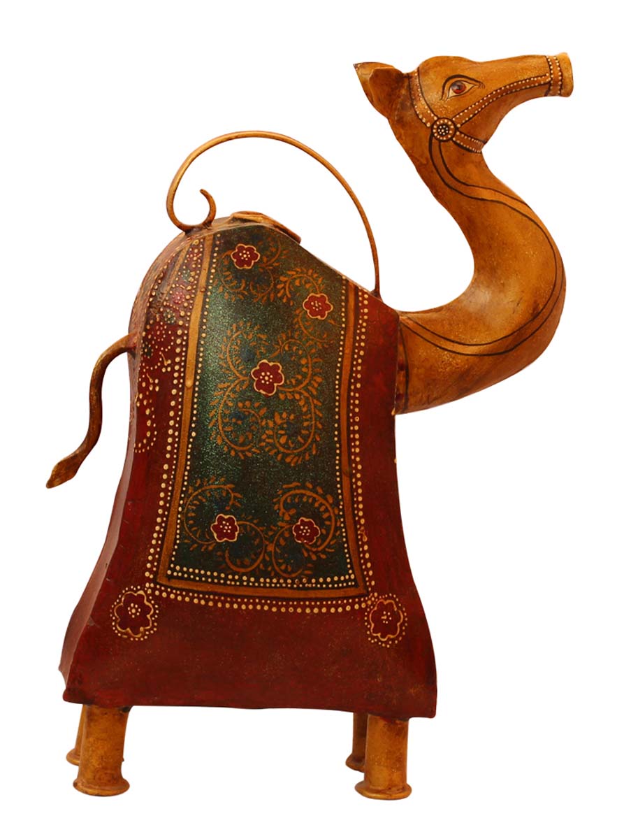 Bulk Wholesale Camel Shape Watering Can Hand-Crafted 13.5 Inch Pot in Iron Decorated with Colorful Cone-Painting Art - Ethnic-Look Home Essentials/Garden Decor from India
