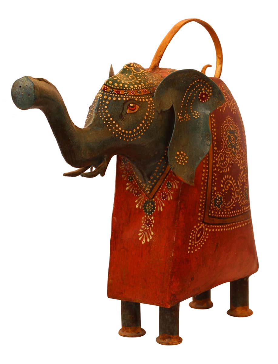Bulk Wholesale Watering Can/Pot in Iron Decorated Hand-Crafted 12” Cute Elephant-Shaped with Cone-Painting Art in Blue & Orange Color - Ethnic-Look Home Essentials/Garden Decor from India