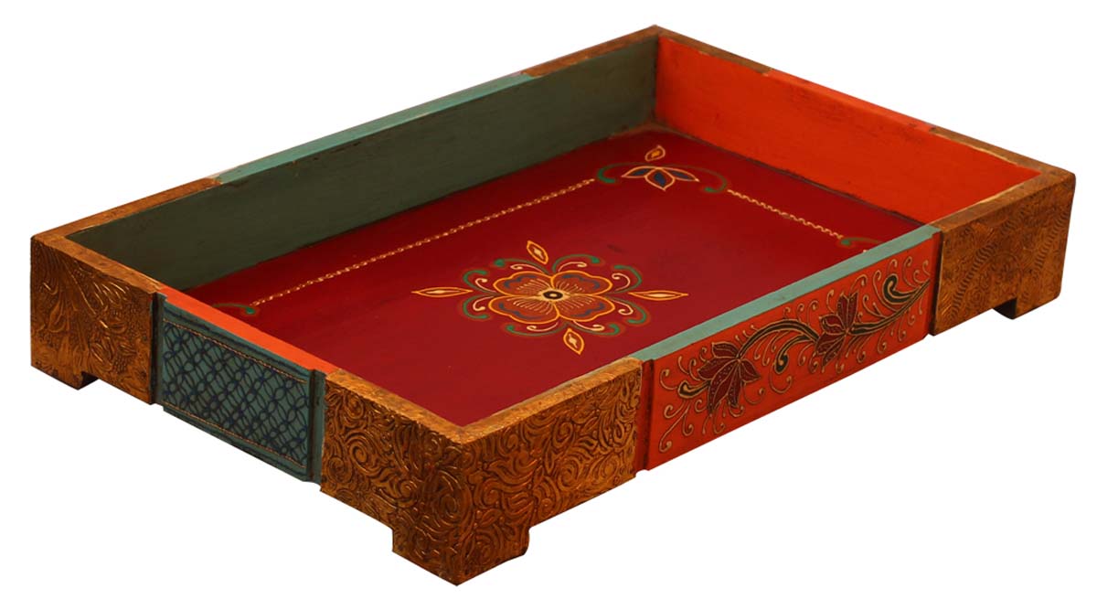 Bulk Wholesale Handmade 16” Decorative Tray in Mango-Wood Decorated with Brass Inlay & Old-World Cone Painting Art in Yellow, Orange, Blue & Red Colors – Ethnic-Look Home Décor from India