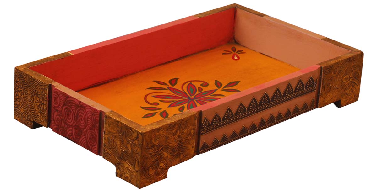 Bulk Wholesale Hand-Crafted 14” Decorative Tray in Mango-Wood Decorated with Brass Inlay & Old-World Cone Painting Art in Yellow & Orange Colors – Ethnic-Look Home Décor from India