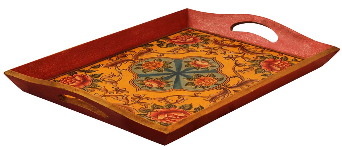 Wholesale Wood Decorative Tray 18x13 Inch Tray with Old-World Cone Painting Art in Yellow, Red & Blue Colors - Buy Bulk Wooden Decorative Tray for Office/Living Room & Home Decor