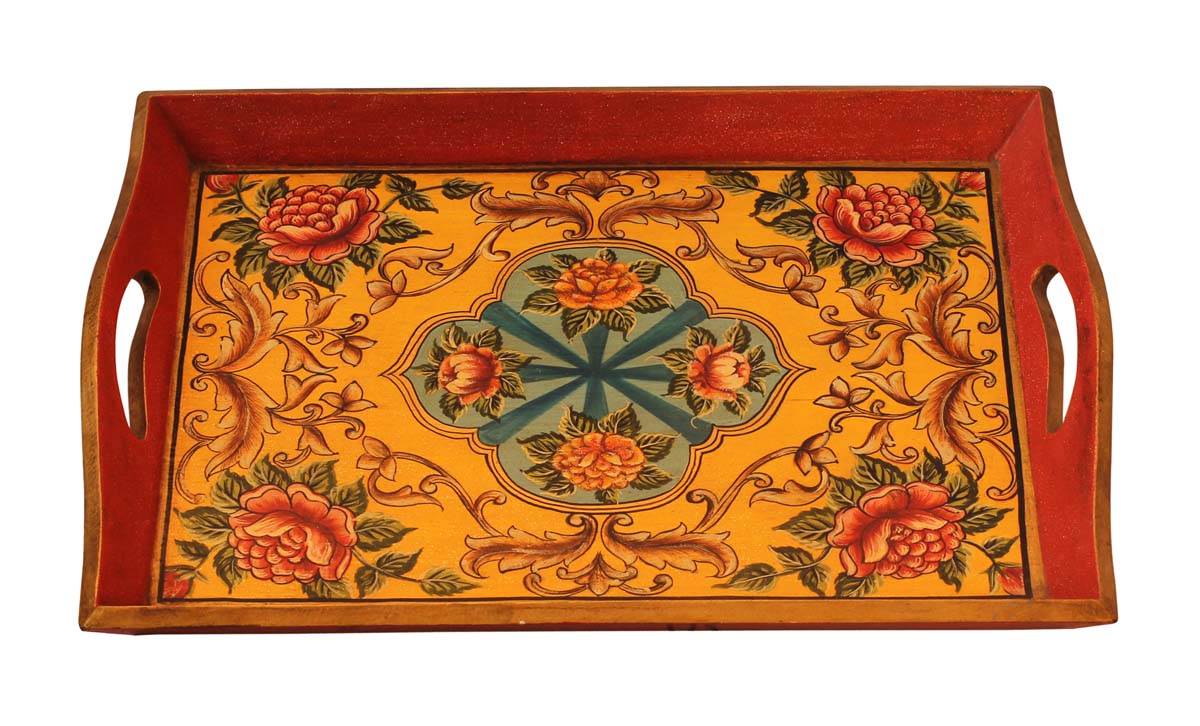 Wholesale Wood Decorative Tray 18x13 Inch Tray with Old-World Cone Painting Art in Yellow, Red & Blue Colors - Buy Bulk Wooden Decorative Tray for Office/Living Room & Home Decor
