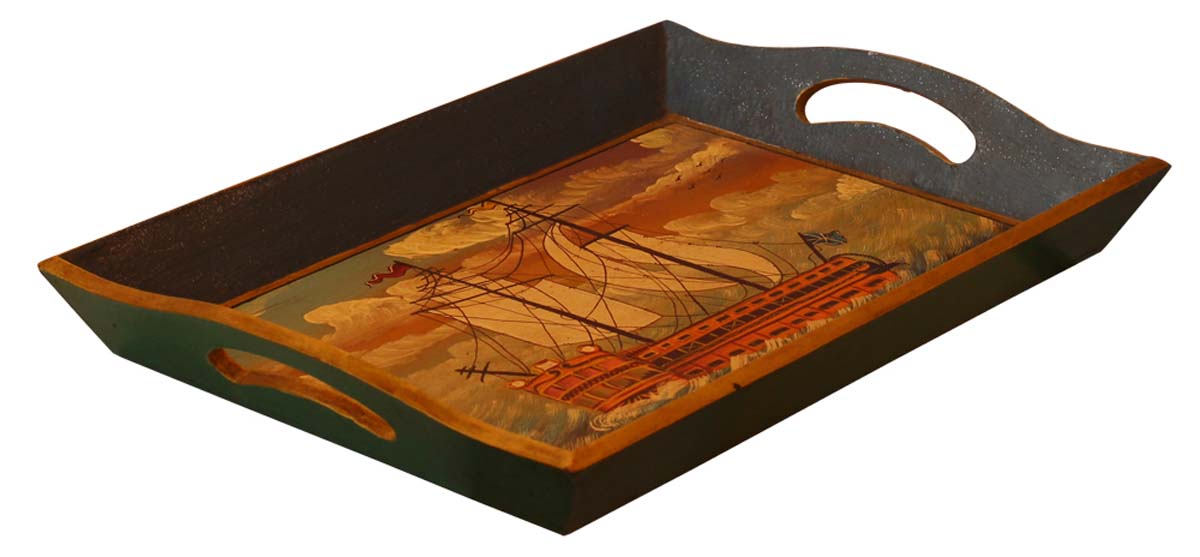 Bulk Wholesale Hand-Crafted 16” Decorative Tray in Wood Decorated with Old-World Style Painting of Sailing Ship in Teal-Blue & More Colors – Ethnic-Look Home Décor from India