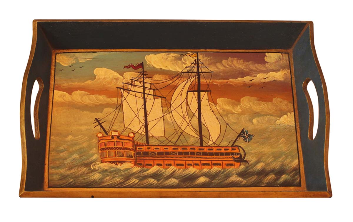 Bulk Wholesale Hand-Crafted 16” Decorative Tray in Wood Decorated with Old-World Style Painting of Sailing Ship in Teal-Blue & More Colors – Ethnic-Look Home Décor from India