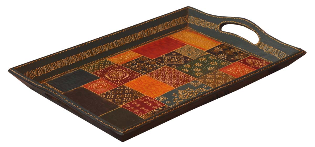 Bulk Wholesale Hand-Crafted 16” Decorative Tray in Wood Decorated with Old-World Style Cone-Painting Art in Bright Colors – Ethnic-Look Home Décor from India