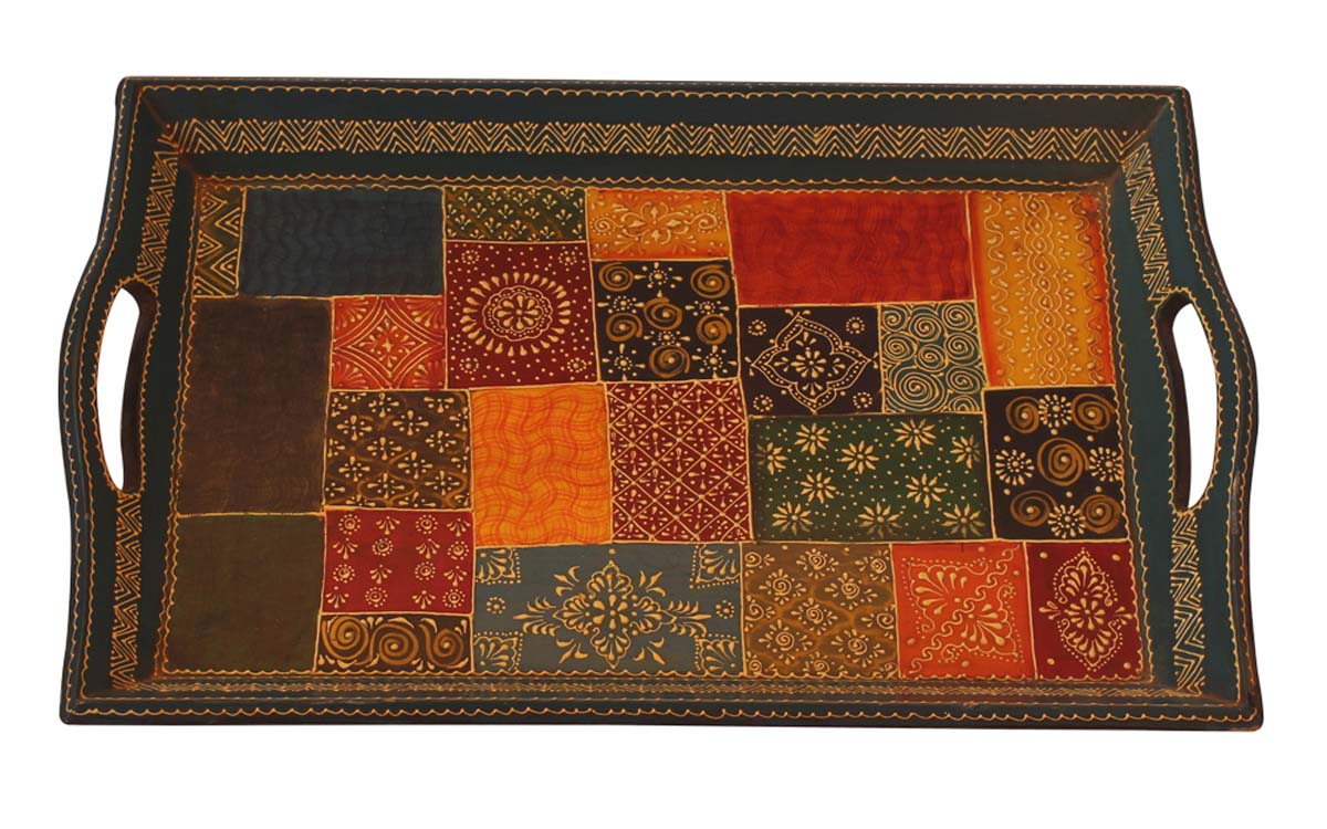 Bulk Wholesale Hand-Crafted 16” Decorative Tray in Wood Decorated with Old-World Style Cone-Painting Art in Bright Colors – Ethnic-Look Home Décor from India