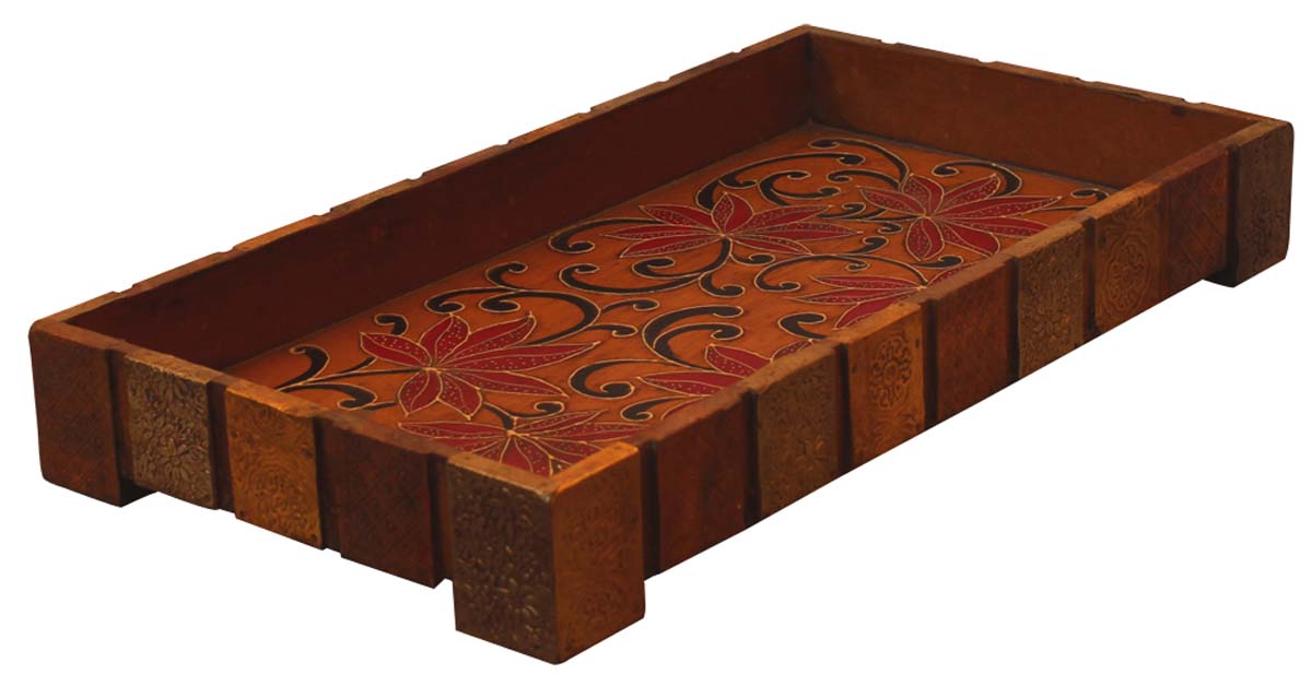 Bulk Wholesale Hand-Crafted 18” Decorative Tray in Wood Decorated with Old-World Style Cone-Painting Art in Yellow & Red Color – Ethnic-Look Home Décor from India
