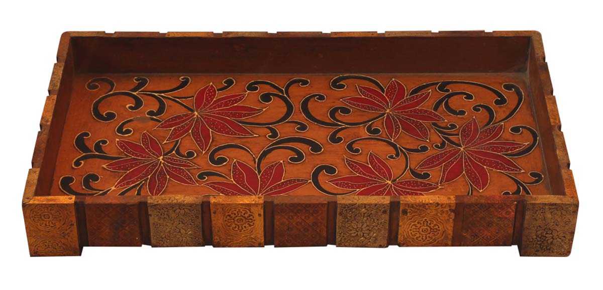 Bulk Wholesale Hand-Crafted 18” Decorative Tray in Wood Decorated with Old-World Style Cone-Painting Art in Yellow & Red Color – Ethnic-Look Home Décor from India