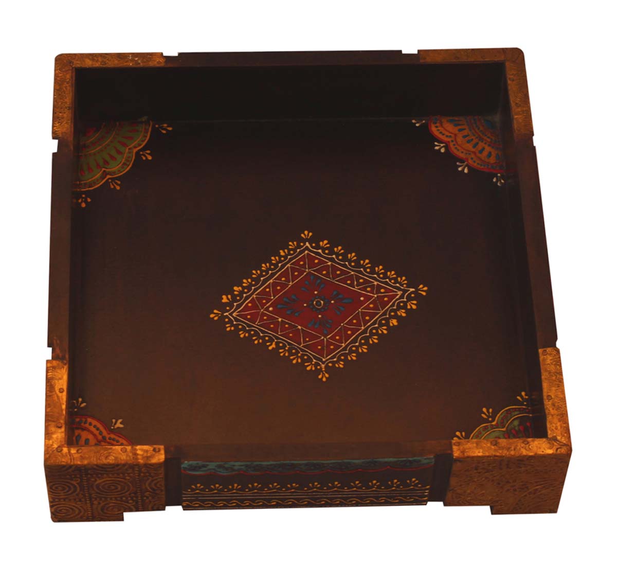 Bulk Wholesale Hand-Crafted 10” Decorative Tray in Wood Decorated with Brass-Work & Old-World Style Cone-Painting Art in Brown & More Colors – Ethnic-Look Home Décor from India