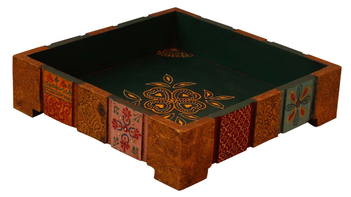 Decorative Multicolored Wooden Tray – Handcrafted in Brass Inlay & Cone-Painting Art – Ethnic-Look Home Décor - Buy in Bulk Wholesale
