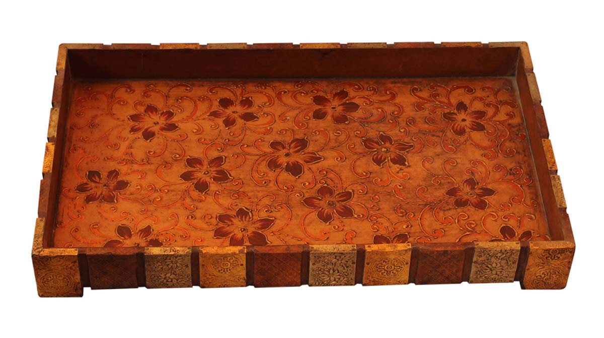 Bulk Wholesale Hand-Crafted 20” Decorative Tray in Wood Decorated with Brass-Work & Old-World Style Cone-Painting Art in Yellow & Red Colors – Ethnic-Look Home Décor from India