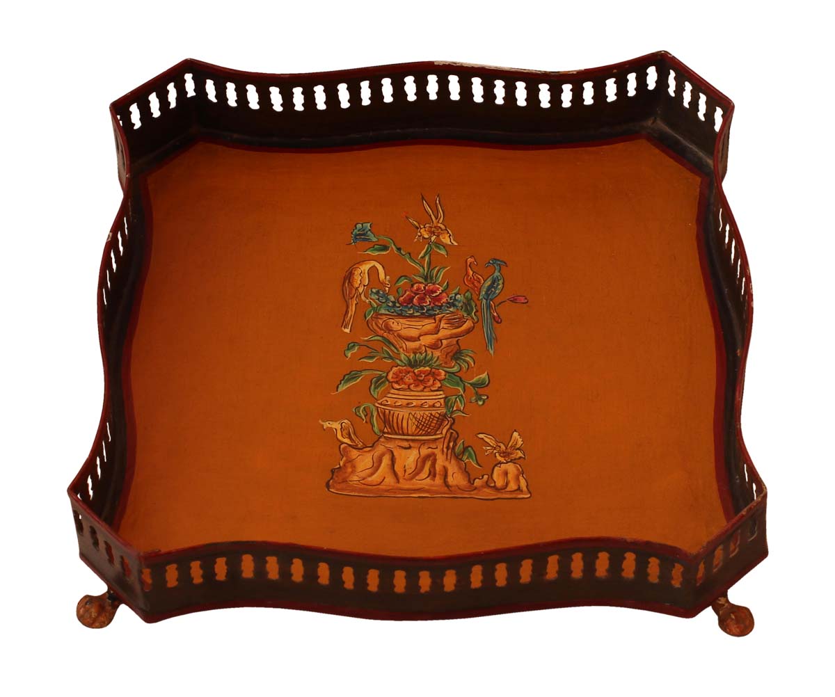 Bulk Wholesale Hand-Crafted 9.5” Decorative Tray in Iron Decorated with Old-World Style Painting of Flower Baskets in Mustard & More Bright Colors – Ethnic-Look Home Décor from India