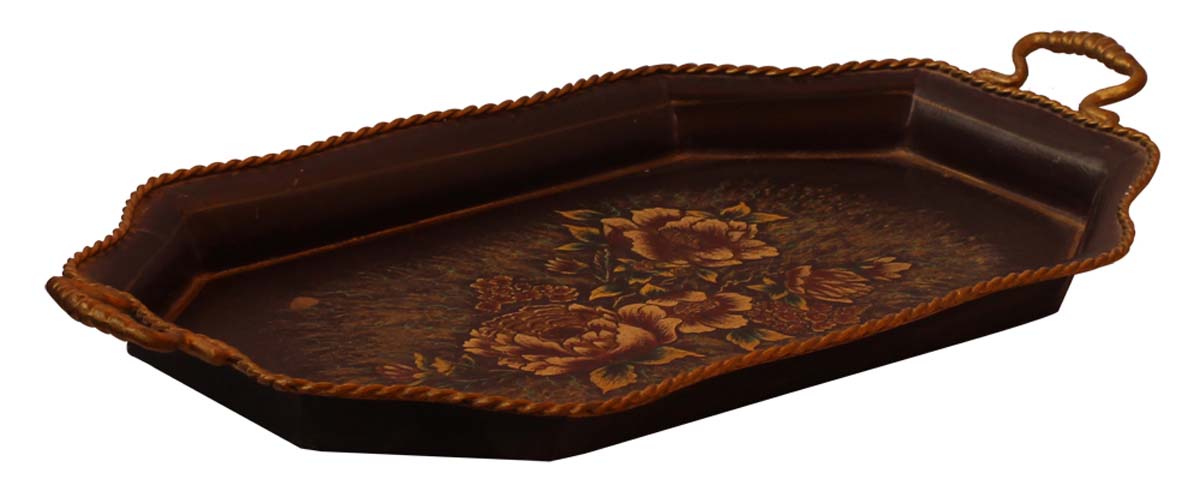 Buy Bulk Wholesale 19.5” Tray in Iron Decorated with Brass-Work & Old-World Style Painting of Flowers in Brown & More Bright Colors - Ethnic-Look
