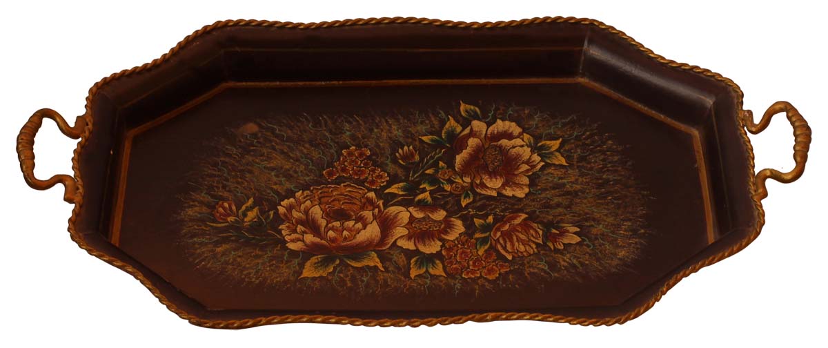 Buy Bulk Wholesale 19.5” Tray in Iron Decorated with Brass-Work & Old-World Style Painting of Flowers in Brown & More Bright Colors - Ethnic-Look