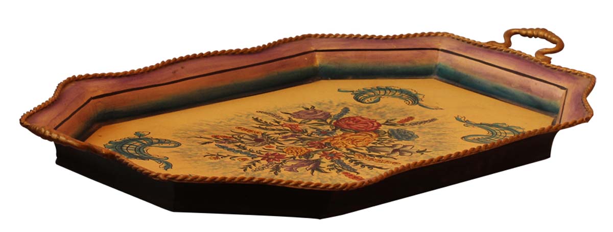 Bulk Wholesale Hand-Crafted 23” Decorative Tray in Iron Decorated with Brass-Work & Old-World Style Painting of Flowers in Yellow, Purple & More Bright Colors – Ethnic-Look Home Décor from India