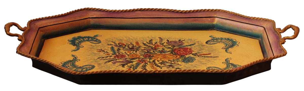 Bulk Wholesale Hand-Crafted 23” Decorative Tray in Iron Decorated with Brass-Work & Old-World Style Painting of Flowers in Yellow, Purple & More Bright Colors – Ethnic-Look Home Décor from India