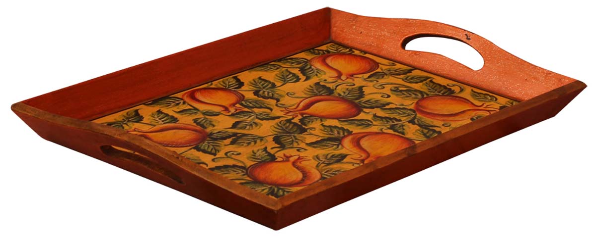 Bulk Wholesale Hand-Crafted 18” Decorative Tray in Wood Decorated with Old-World Style Cone-Painting of Pomegranates in Yellow & more Colors – Ethnic-Look Home Décor from India