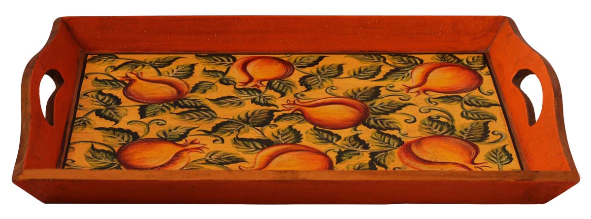 Bulk Wholesale Hand-Crafted 18” Decorative Tray in Wood Decorated with Old-World Style Cone-Painting of Pomegranates in Yellow & more Colors – Ethnic-Look Home Décor from India