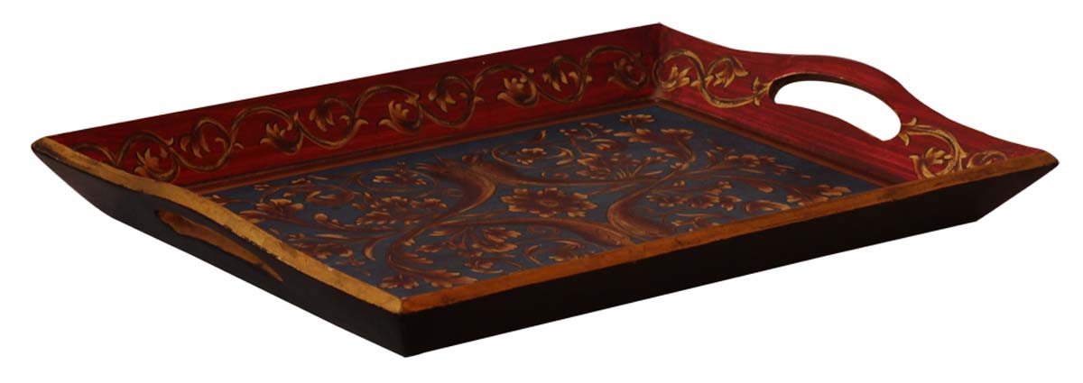 Bulk Wholesale Hand-Crafted 16” Decorative Tray in MDF Decorated with Old-World Style Painting of Floral Motifs in Red, Blue & more Colors – Ethnic-Look Home Décor from India