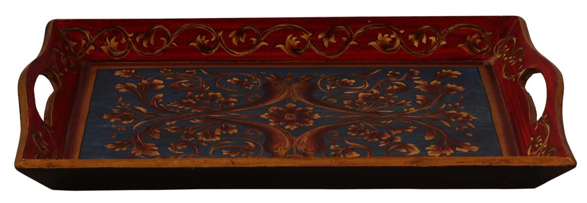 Bulk Wholesale Hand-Crafted 16” Decorative Tray in MDF Decorated with Old-World Style Painting of Floral Motifs in Red, Blue & more Colors – Ethnic-Look Home Décor from India