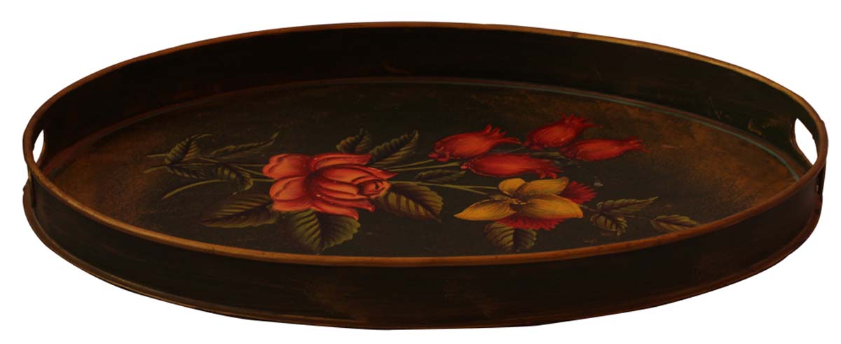 Bulk Wholesale Hand-Crafted 17” Decorative Round Tray in Iron Decorated with Old-World Style Painting of Flowers in Red, Yellow & More Bright Colors – Ethnic-Look Home Décor from India