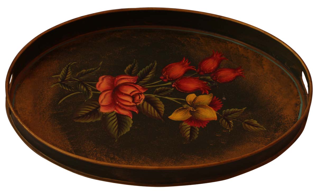 Bulk Wholesale Hand-Crafted 17” Decorative Round Tray in Iron Decorated with Old-World Style Painting of Flowers in Red, Yellow & More Bright Colors – Ethnic-Look Home Décor from India