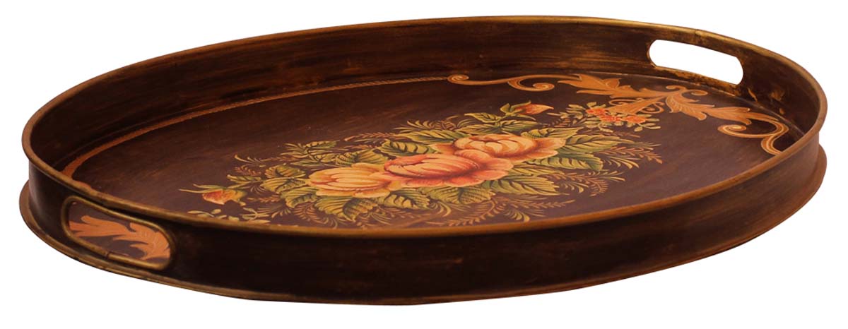 Bulk Wholesale Hand-Crafted 20” Decorative Round Tray in Iron Decorated with Old-World Style Painting of Flowers in Brown & More Bright Colors – Ethnic-Look Home Décor from India