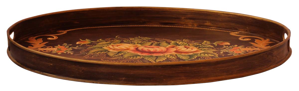 Bulk Wholesale Hand-Crafted 20” Decorative Round Tray in Iron Decorated with Old-World Style Painting of Flowers in Brown & More Bright Colors – Ethnic-Look Home Décor from India