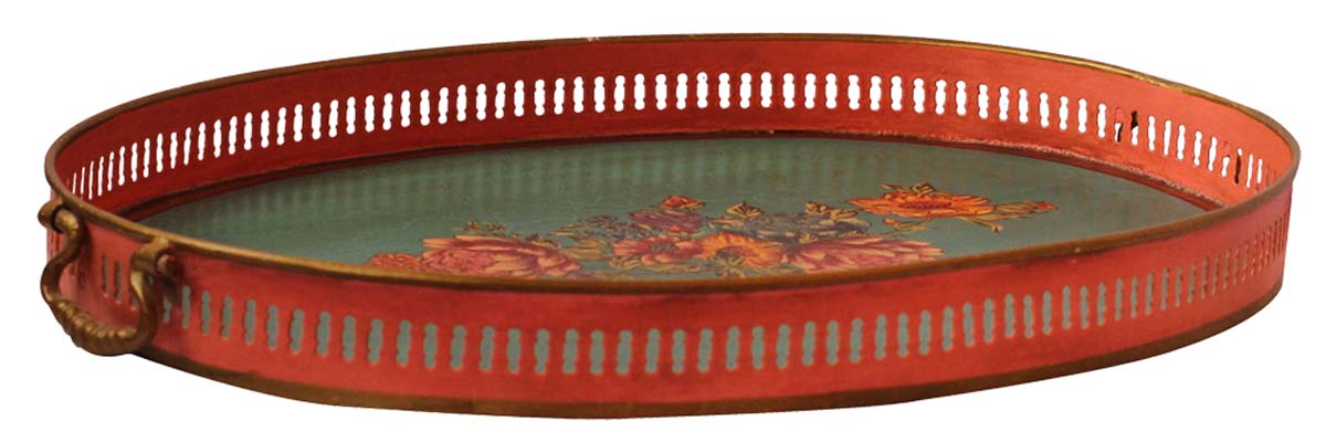 Bulk Wholesale Hand-Crafted 22” Decorative Oval-Shaped Tray in Iron Decorated with Old-World Style Painting of Flowers in Sky-Blue, Pink & More Bright Colors – Ethnic-Look Home Décor from India