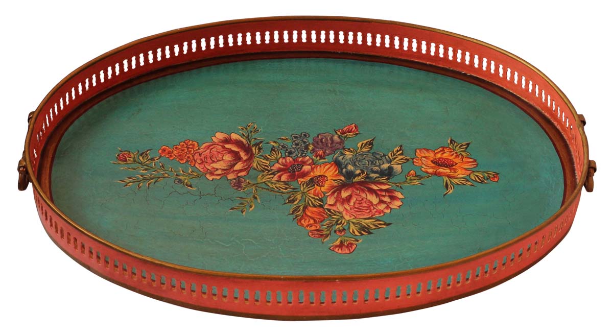 Bulk Wholesale Hand-Crafted 22” Decorative Oval-Shaped Tray in Iron Decorated with Old-World Style Painting of Flowers in Sky-Blue, Pink & More Bright Colors – Ethnic-Look Home Décor from India