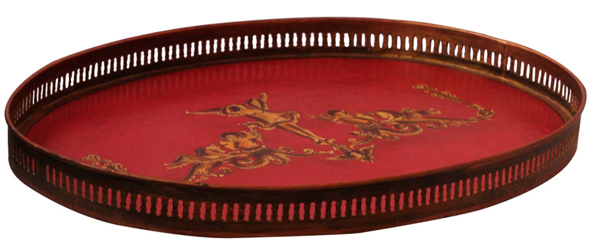 Bulk Wholesale Hand-Crafted 22” Decorative Oval-Shaped Tray in Iron Decorated with Old-World Style Painting of Traditional Motifs in Red, Bronze & More Bright Colors – Ethnic-Look Home Décor from India