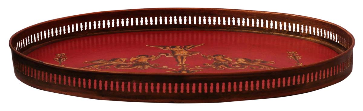 Bulk Wholesale Hand-Crafted 22” Decorative Oval-Shaped Tray in Iron Decorated with Old-World Style Painting of Traditional Motifs in Red, Bronze & More Bright Colors – Ethnic-Look Home Décor from India