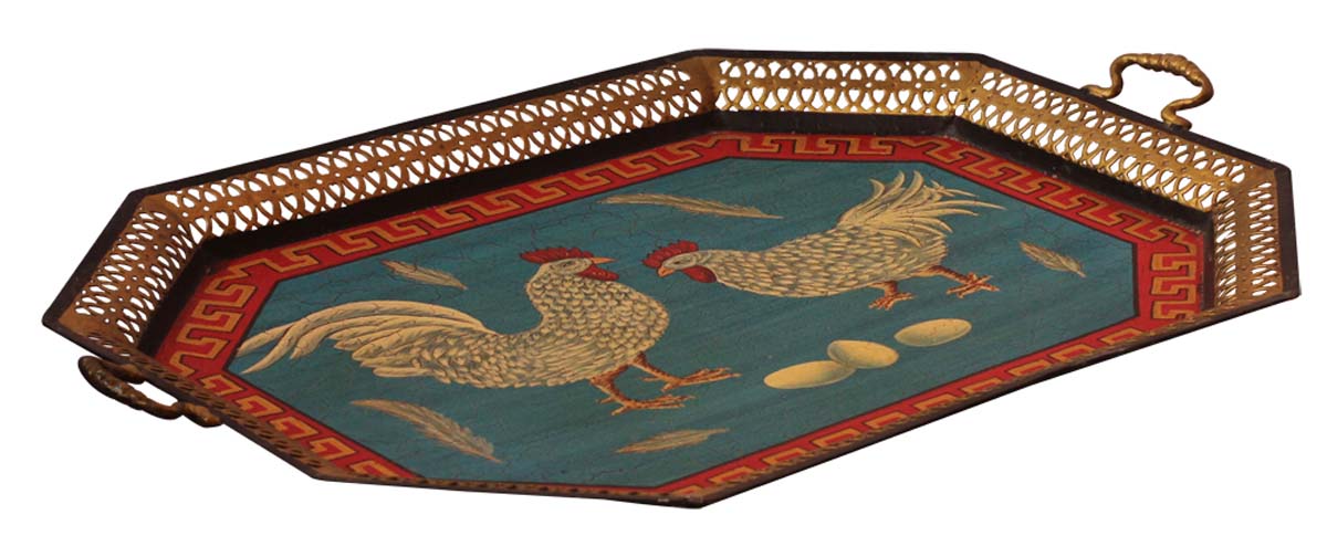 Bulk Wholesale Hand-Crafted 26” Decorative Octagon-Shaped Tray in Iron Decorated with Old-World Style Painting of Hens in Blue & more Bright Colors - Ethnic-Look Home Décor from India