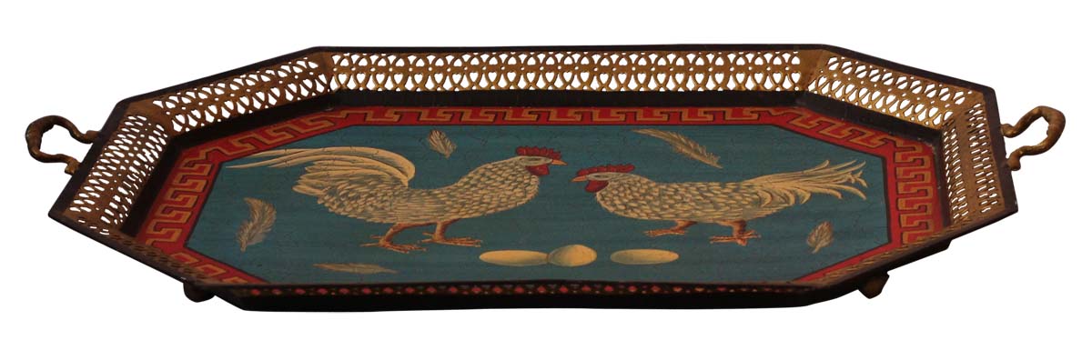 Bulk Wholesale Hand-Crafted 26” Decorative Octagon-Shaped Tray in Iron Decorated with Old-World Style Painting of Hens in Blue & more Bright Colors - Ethnic-Look Home Décor from India