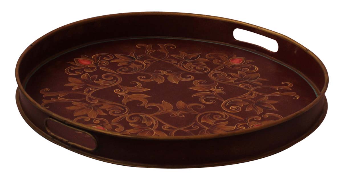 Bulk Wholesale Hand-Crafted 14.5” Decorative Round Tray in Iron Decorated with Old-World Style Painting of Flowers in Brown, Golden & more Bright Colors – Ethnic-Look Home Décor from India