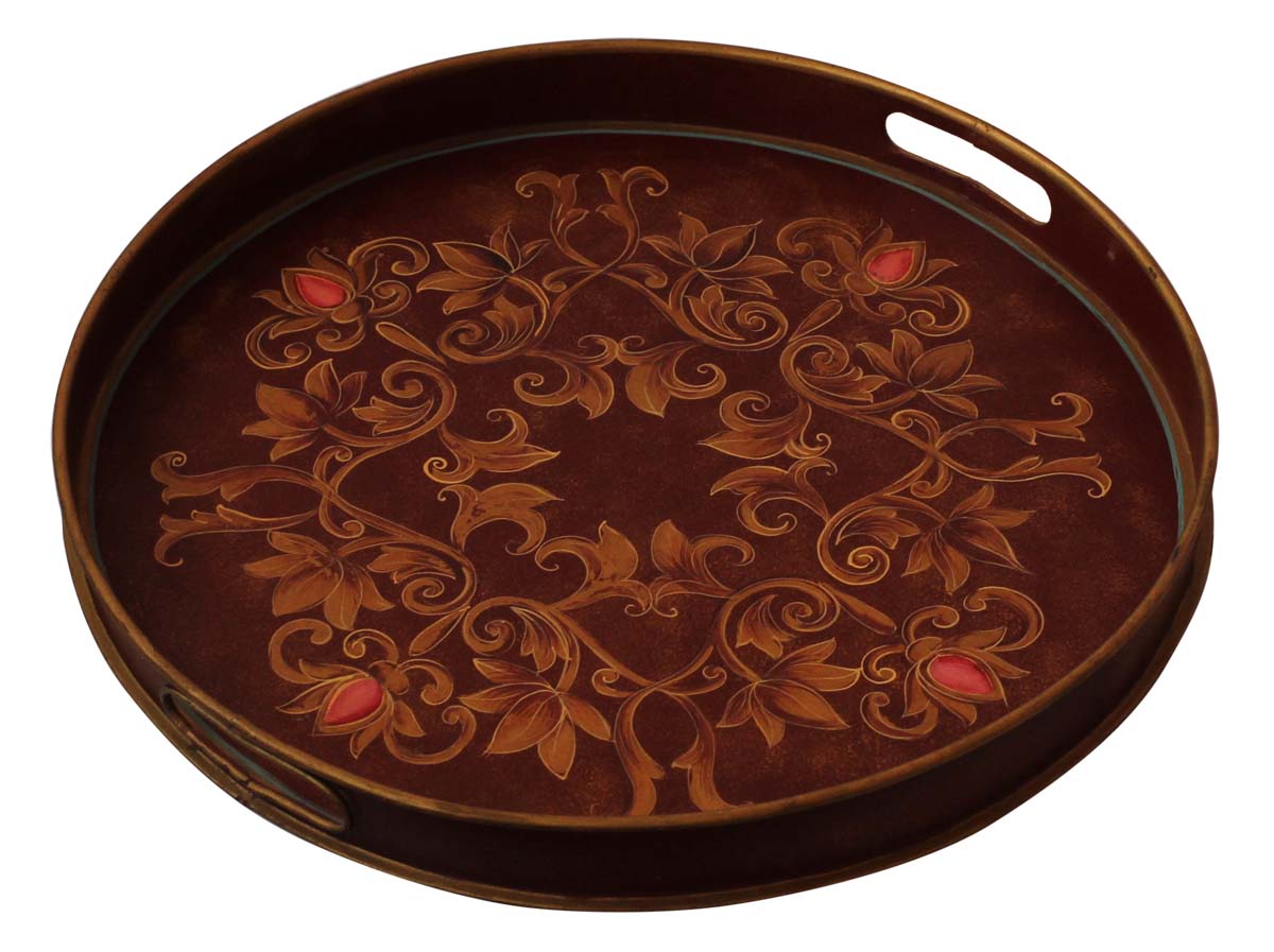 Bulk Wholesale Hand-Crafted 14.5” Decorative Round Tray in Iron Decorated with Old-World Style Painting of Flowers in Brown, Golden & more Bright Colors – Ethnic-Look Home Décor from India