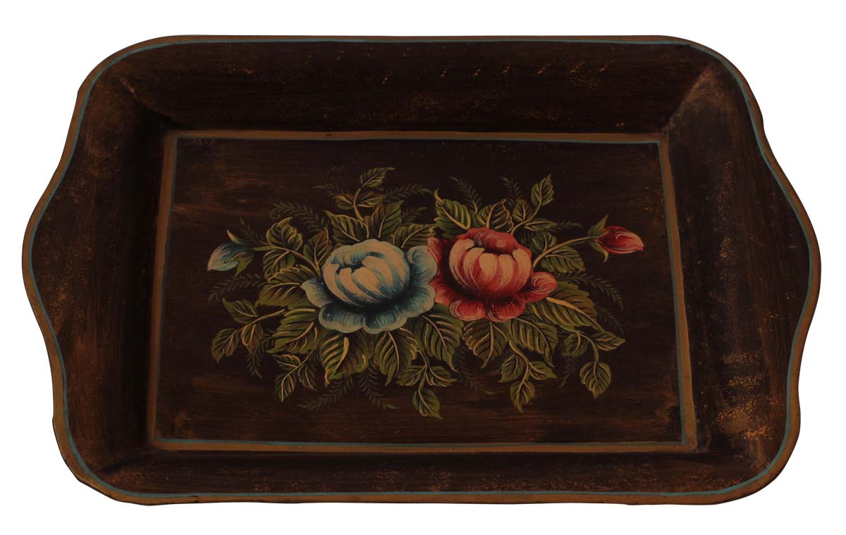 Bulk Wholesale Hand-Crafted 15.5” Decorative Tray in Iron Decorated with Old-World Style Painting of Flowers in Brown & more Bright Colors – Ethnic-Look Home Décor from India