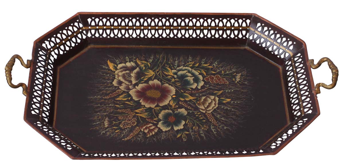 Bulk Wholesale Decorative Tray Handmade 21” in Iron Decorated with Old-World Style Painting of Flowers in Black, Golden & more Bright Colors - Ethnic-Look Home Decor from India