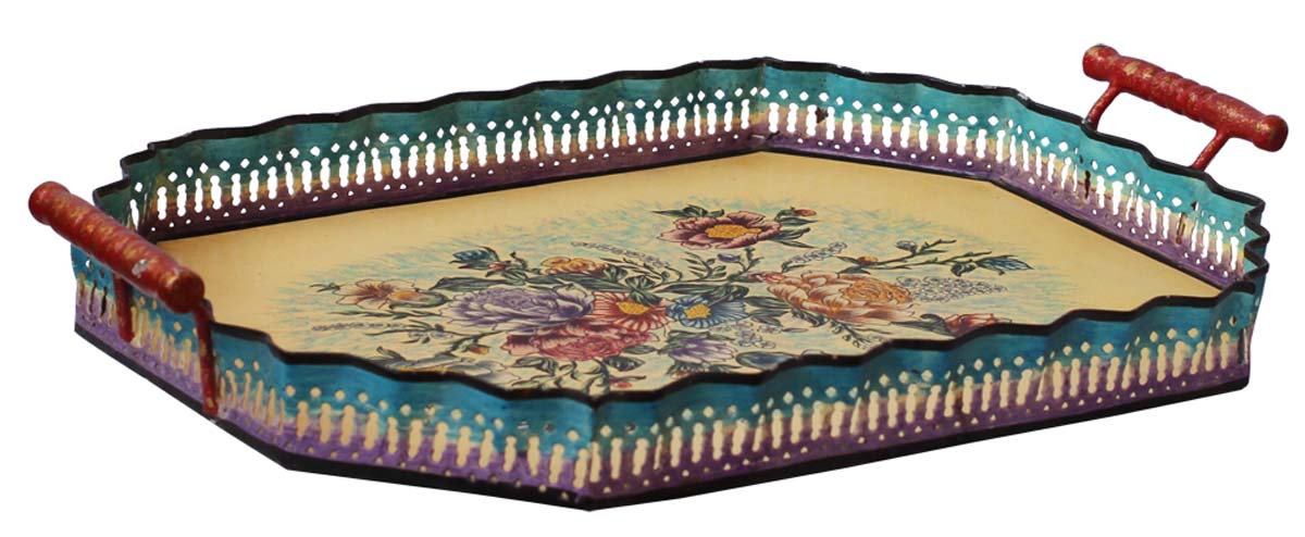 Bulk Wholesale Decorative Tray in Iron Decorated with Handmade 21” Old-World Style Painting of Flowers in Lemon, Blue & more Bright Colors - Ethnic-Look Home Decor from India