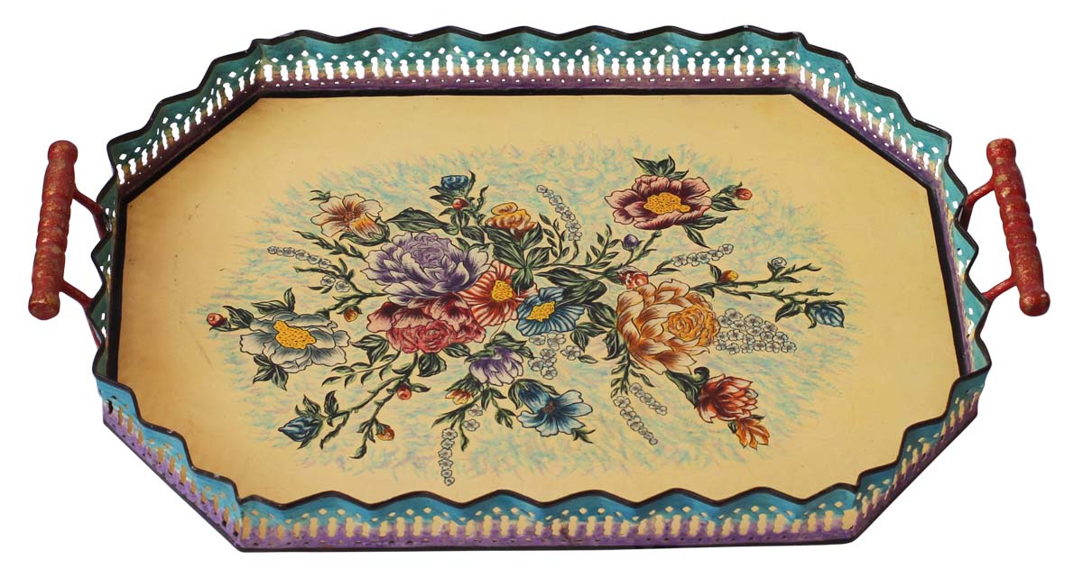 Bulk Wholesale Decorative Tray in Iron Decorated with Handmade 21” Old-World Style Painting of Flowers in Lemon, Blue & more Bright Colors - Ethnic-Look Home Decor from India