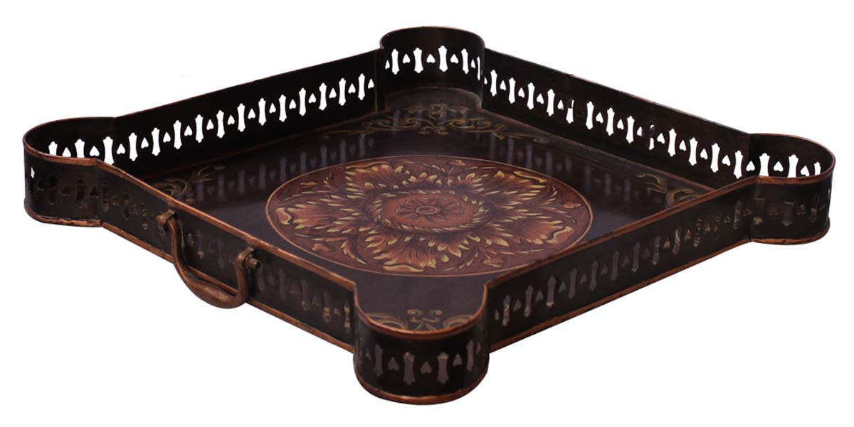 Bulk Wholesale Handmade 15” Decorative Tray in Iron Decorated with Old-World Style Painting of Flowers in Brown & Copper Color - Ethnic-Look Home Decor from India
