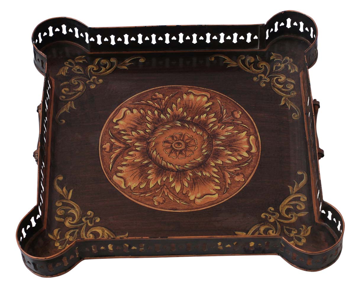Bulk Wholesale Handmade 15” Decorative Tray in Iron Decorated with Old-World Style Painting of Flowers in Brown & Copper Color - Ethnic-Look Home Decor from India