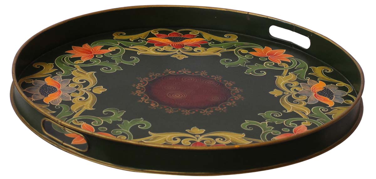 Bulk Wholesale Decorative Round Tray in Iron Enhanced Handmade 17” with Old-World Style Painting of Flowers & Traditional-Look Motifs in Dark-Green & More Bright Colors - Ethnic-Look Home Decor from India